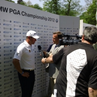 Lee Westwood on press duties at the BMW PGA Championship at Wentworth Club